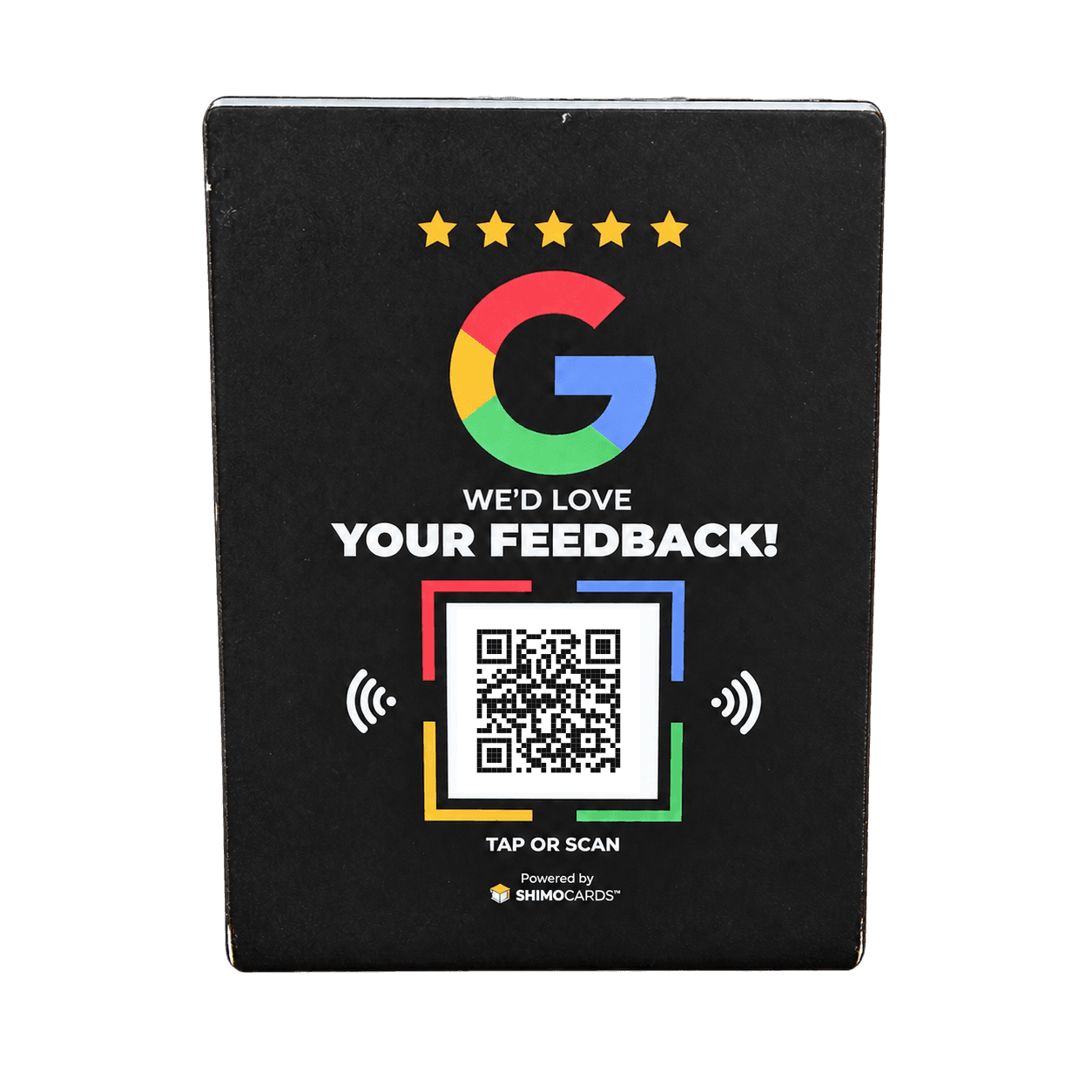Black ShmoReview L sign with a demonstration QR code