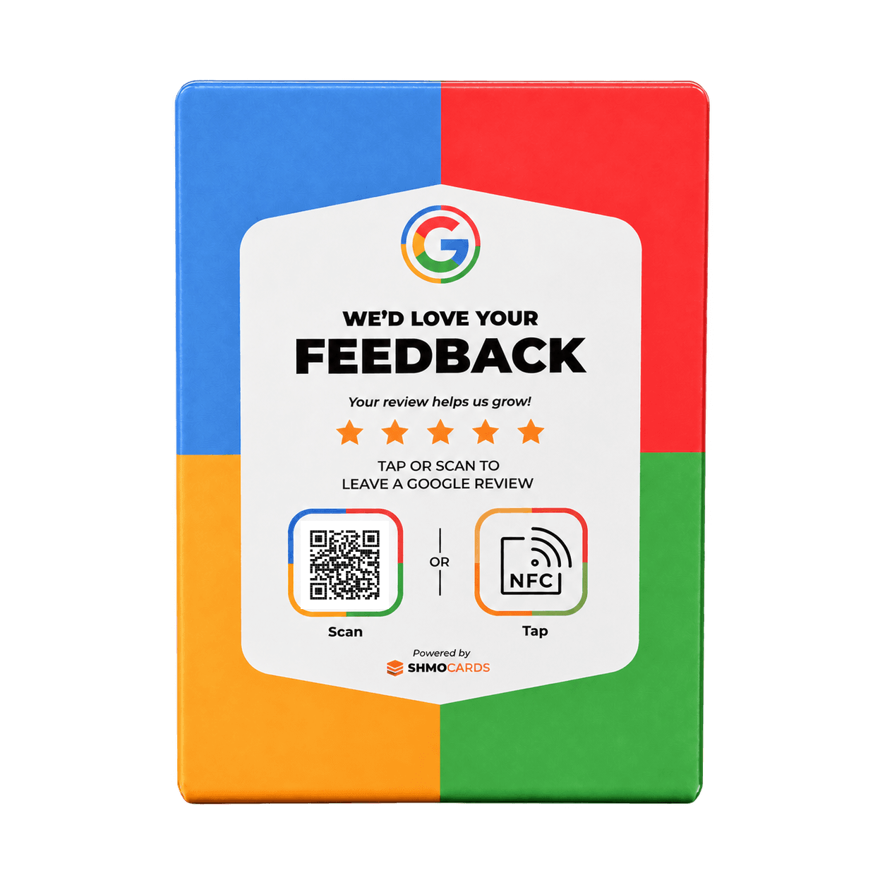 Multicolor ShmoReview L sign with a demonstration QR code