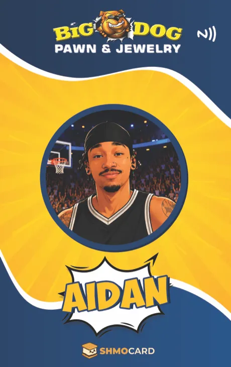 Aidan’s custom Big Dog Pawn name badge front artwork