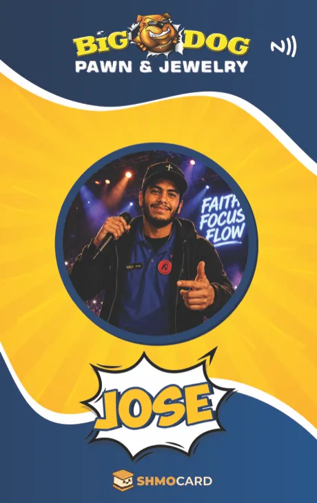 Jose’s custom Big Dog Pawn name badge front artwork