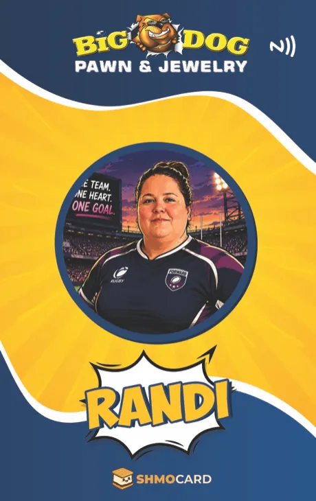 Randi’s custom Big Dog Pawn name badge front artwork