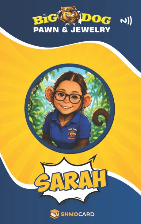 Sarah’s custom Big Dog Pawn name badge front artwork
