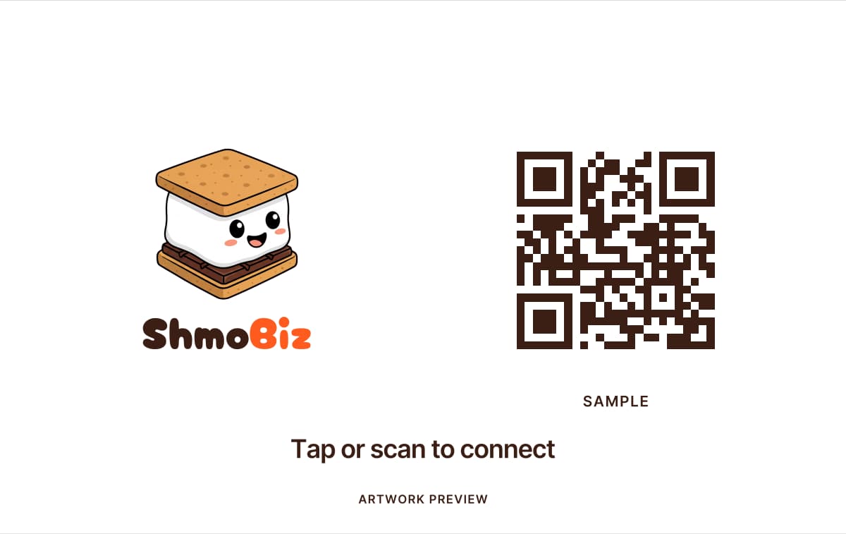 White ShmoBiz card back with the s’more mascot and a sample QR code