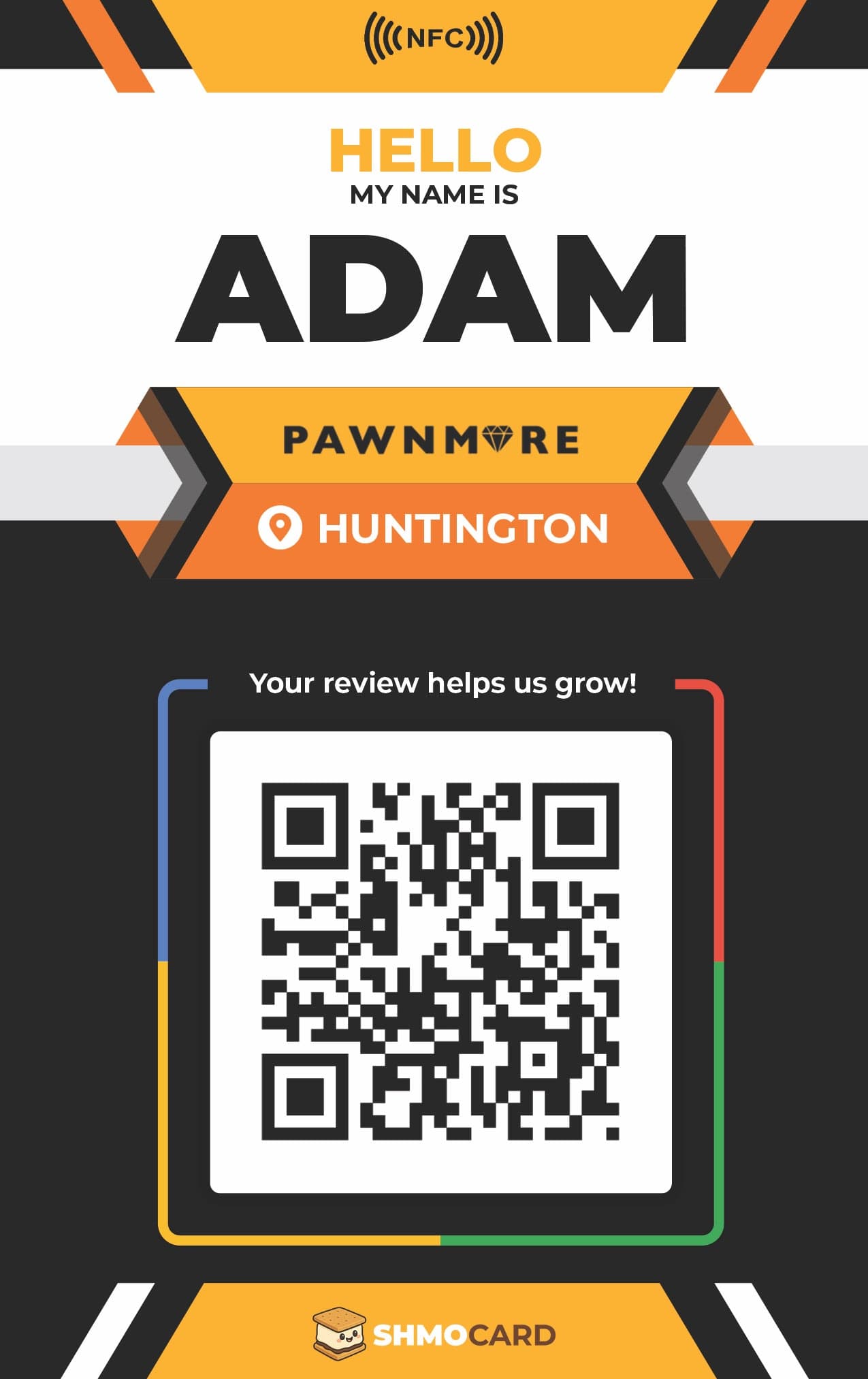 Adam’s custom Pawnmore Huntington name badge front artwork