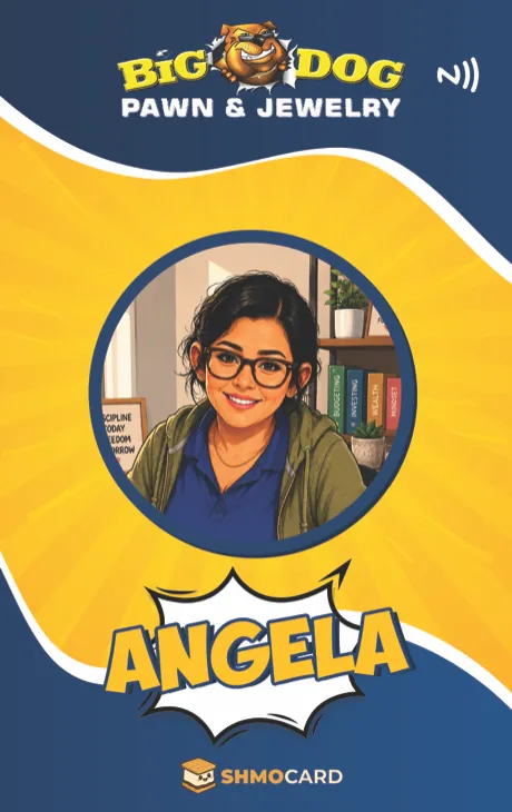 Angela’s custom Big Dog Pawn name badge front artwork